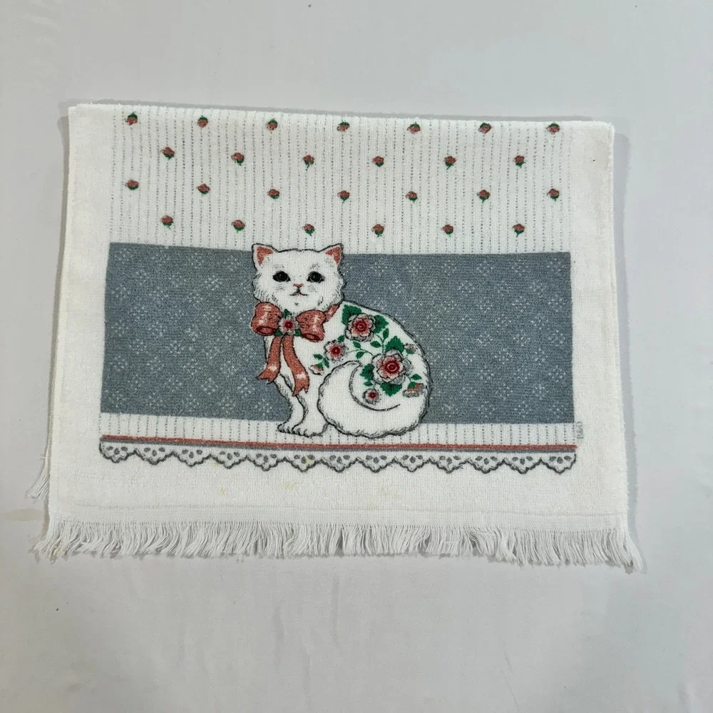 Vintage White Cat Floral Rose Hand Towel Fringed Cotton Terry Cloth Blue White